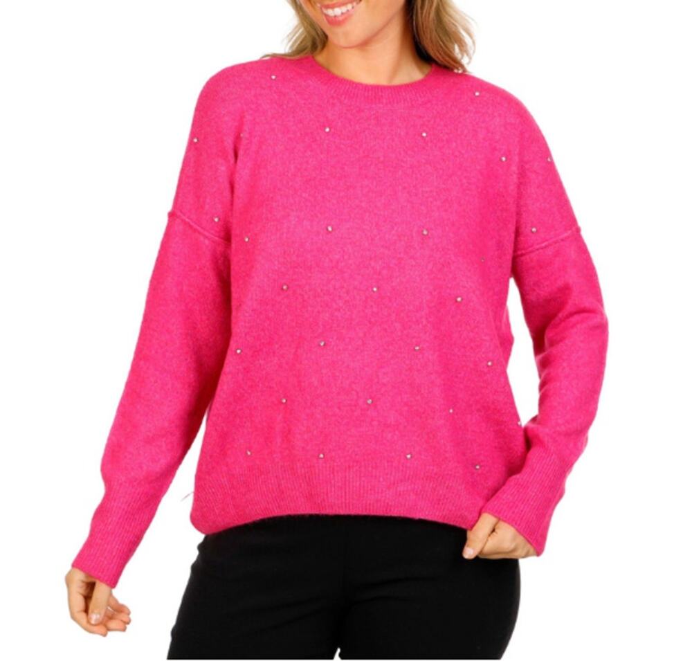 CeCe Studded Rhinestone Pullover Sweater Plus Size 2X Hot Pink Drop Shoulder
